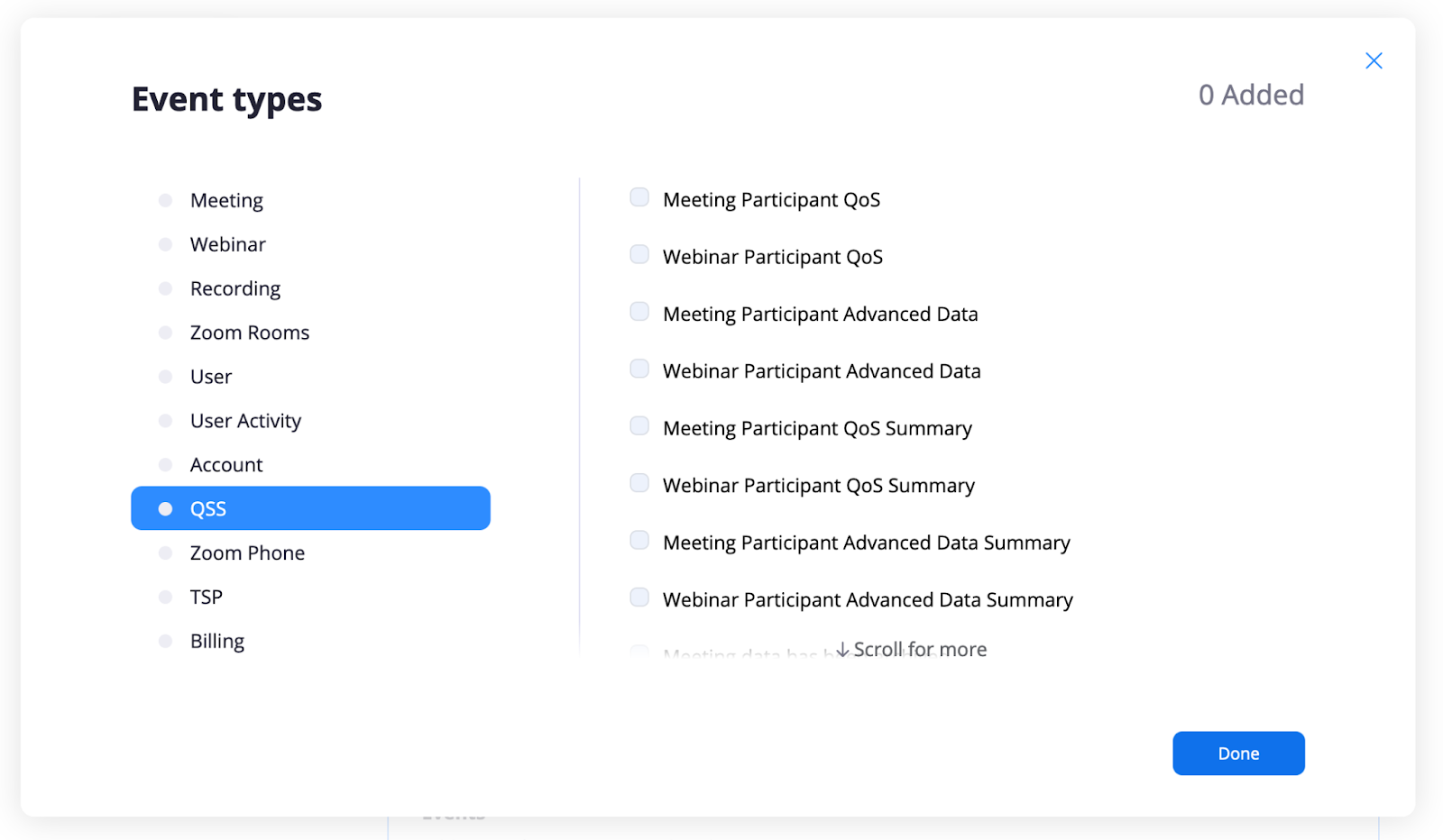 Image of the Event types screen, focused on QSS options.