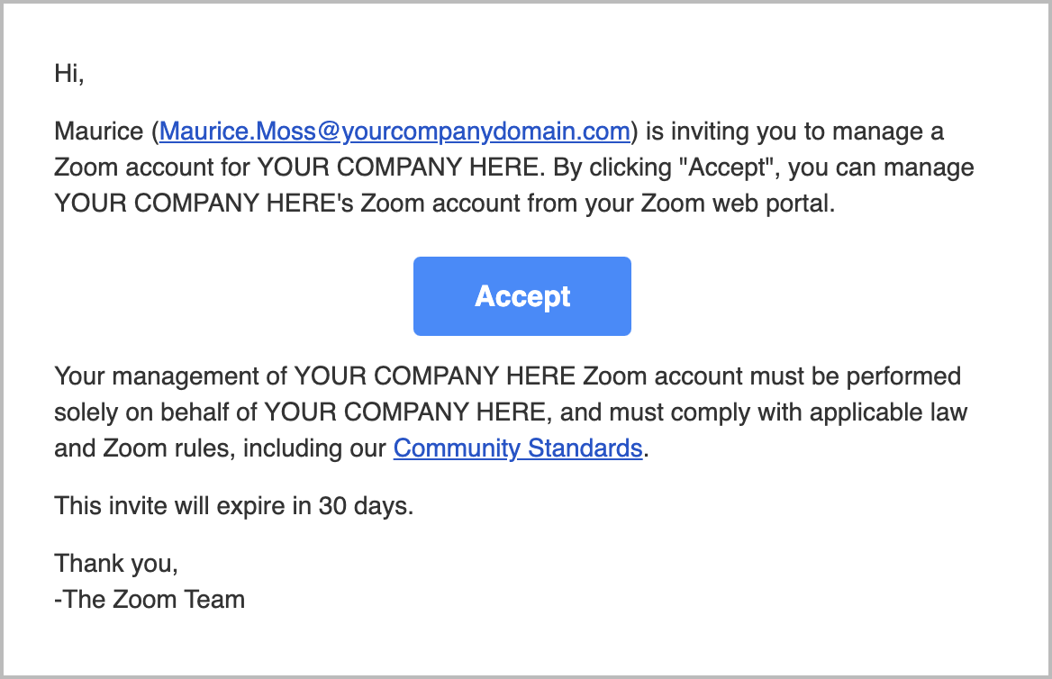 Beispiel der E-Mail, die Benutzer erhalten, wenn sie als delegierter Administrator eingeladen werden